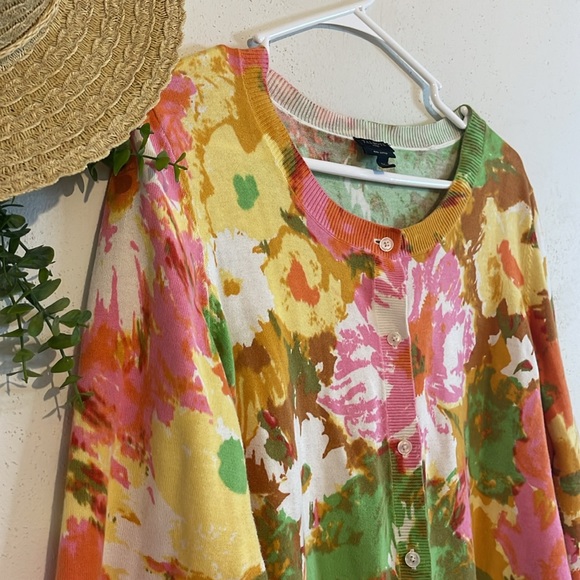 Talbots Woman Pima Cotton Bright Artsy Floral Button Front Cardigan Sweater 1X - Picture 3 of 8